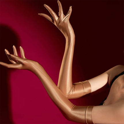 High Density Soft Elastic Oil Shiny Smooth Anti-Hook Five-Finger Women Sexy Long Gloves Pole Dance Party Cosplay Stage Performan