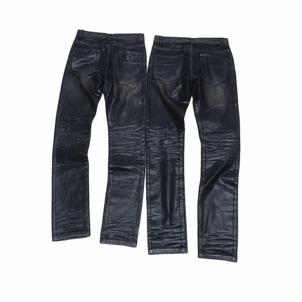 High Street Black Glue Wax Pants Women's Slim Fit Straight Leg Cat Whisker Jeans Streetwear Casual Denim Pants Men Clothing