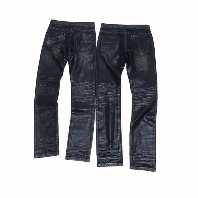 High Street Black Glue Wax Pants Women's Slim Fit Straight Leg Cat Whisker Jeans Streetwear Casual Denim Pants Men Clothing