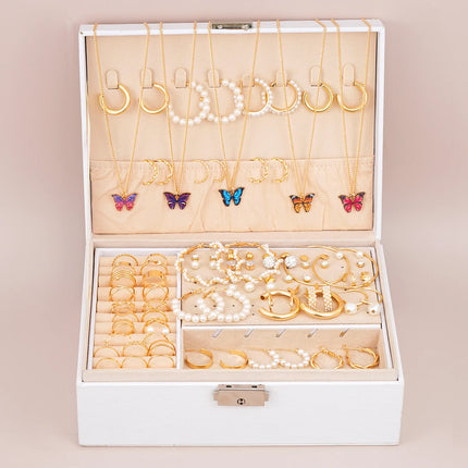 Gold Color Metal Jewelry Set For Women With Butterfly Necklaces Imitation Pearl Hoop Earrings Simple Rings No Box Included