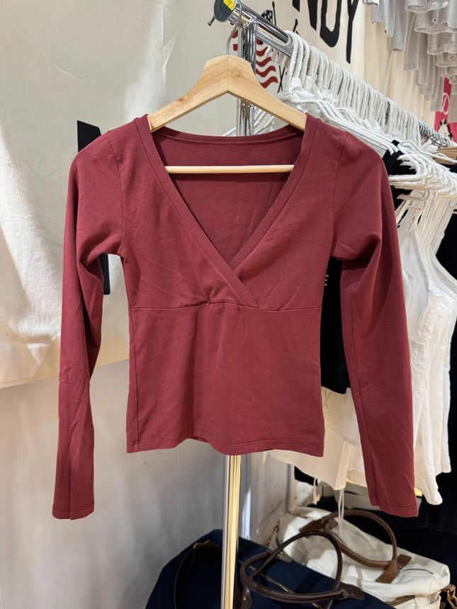 Burgundy Long Sleeve T-shirts Woman Autumn V-neck Cotton Slim Crop Top Casual Simple Solid All-match Basic Tshirts Y2k