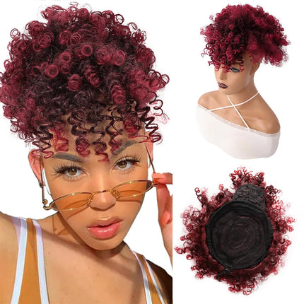 Afro Puff Drawstring Ponytail with Bangs Pineapple Updo Hair for Black Women, Short Kinky Curly Synthetic Ponytail Bun