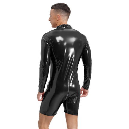 Male Mens Latex Catsuit Wet Look Patent Leather Bodysuit Long Sleeve Romper Zipper Crotch Jumpsuit Underwear Club Stage Costume