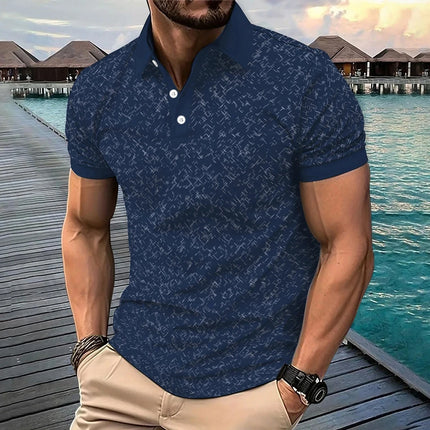 Summer Variegated Pattern Design Men's Short-sleeved White Button-up Polo Shirt Comfortable and Casual Daily Wear Polyester