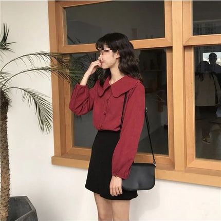 Casual Base Layer Top Autumn Collection Fresh Korean Style Doll Collar New Model Long Sleeve Shirt Women's Top