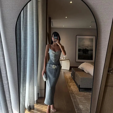 Chic Sequin Patchwork Mini Sling Top Women Solid Belt Waist Cinching Sleeveless Short Vest 2026 Lady Daily Street Outerwear New