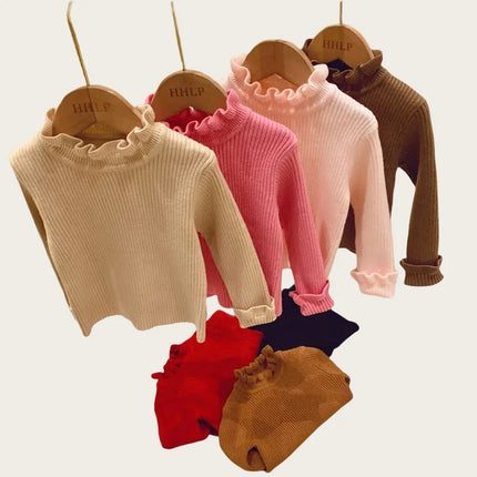 Children's Sweaters Base Tops 1-6Y 2024 Autumn Solid High Elastic Girl's Knit Pullover Kid's Turtleneck Flare Sweater for Girls