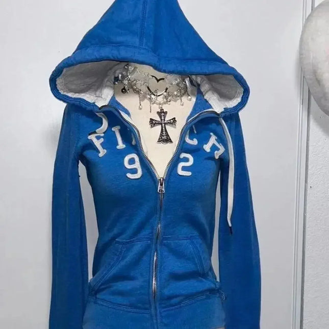 2025 American Retro Black Letter Embroidered Vintage Zipper Hoodie Women Gothic Punk Casual Slim Patchwork Sweatshirt Jackets