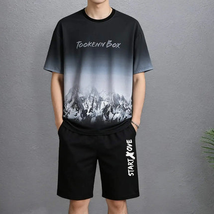 Men's Sets 2025 Summer Fashion T Shirts Casual Polyester Gradient Shorts Set Men's Sporty Two-piece Outfit Basketball Tracksuits