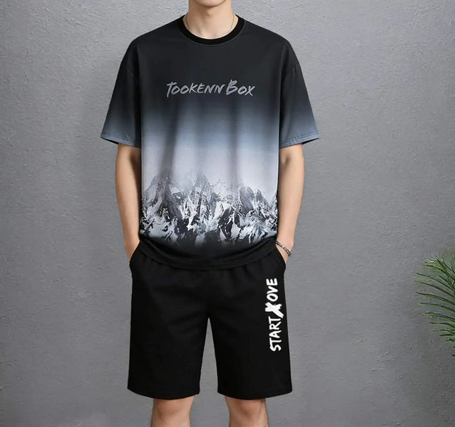 Men's Sets 2025 Summer Fashion T Shirts Casual Polyester Gradient Shorts Set Men's Sporty Two-piece Outfit Basketball Tracksuits