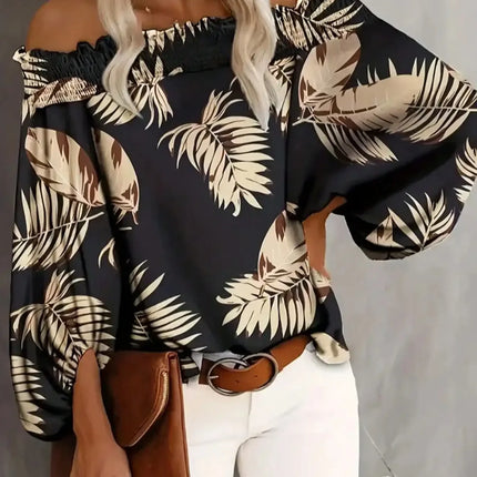 Women's Summer Plus Size 1XL-5XL Fashion Floral Print Off Shoulder Blouse Shirt Ladies Casual Long Sleeve Beach Shirt