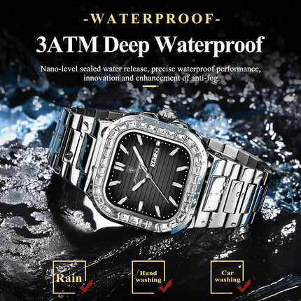 POEDAGAR Square Fashion Men's Watch Date Week Waterproof Luminous Quartz Man Watch Stainless Steel Luxury Sports Watches For Men