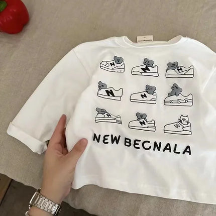 Children's Cartoon Cotton T-Shirt Long Sleeve New 2024 Model Boys Girls Pocket Base Layer Top Spring Autumn For Middle Large Kid
