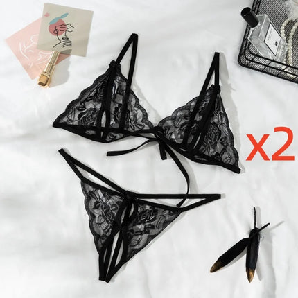 2Pcs/Set Women's Sexy Lace Transparent Lingerie Set Bikini Low-Waisted Thong Pants Dating Pajama Set