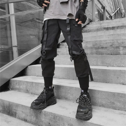 Men's Cargo Pants Casual Hip Hop Hit Color Multiple Pockets Trousers Streetwear Black Punk Ribbons Techwear Sweatpants Boys