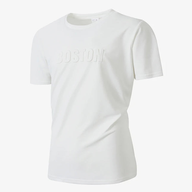 Men Embossed Letter Short Sleeve T Shirt Soft Stretch Regular Fit Versatile Daily Street Vacation Leisure Summer Casual Tops