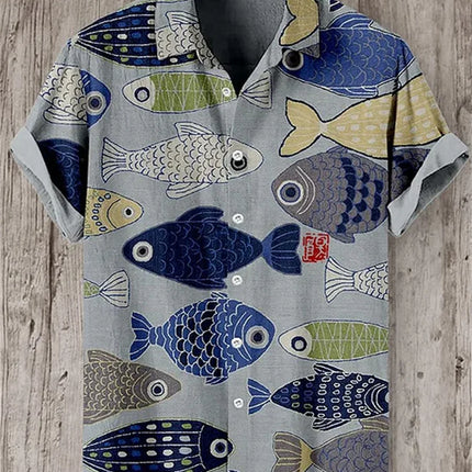 Men's short-sleeved shirt, stylish fighter jet print, breathable casual top, trendy retro pattern, personalized Hawaiian shirt.