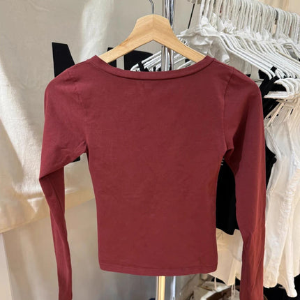 Burgundy Long Sleeve T-shirts Woman Autumn V-neck Cotton Slim Crop Top Casual Simple Solid All-match Basic Tshirts Y2k