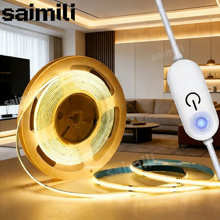 1-5M USB Power COB LED Strip Light Touch Switch Dimmable For Indoor Lighting Living Room Bedroom Wardrobe TV Background Kitchen