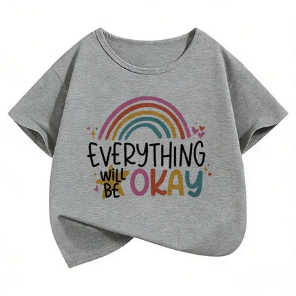 Everything Will Be Ok Rainbow Design Print T-Shirts Sweet Kids Children's T-shirt Boys Girls Summer Spring Casual Top Tee Shirt