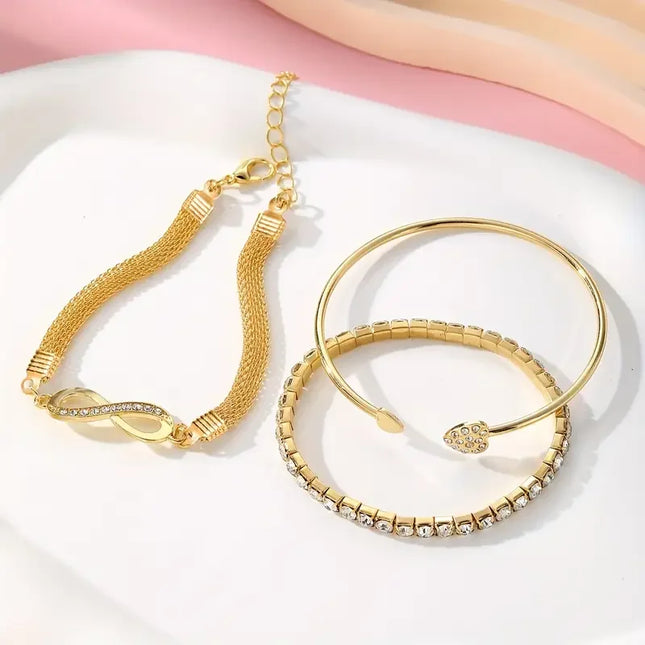 3pcs/Set Vintage Crystal Rhinestone Heart Bracelets for Women Fashion Geometric Adjustable Infinity Cuff Bangle Jewelry Gifts