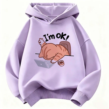 I Am Ok Computer Cat Design Hooded Kids Children's Sweatshirt Cute Hoody for Boys Girls Sping Kawaii Casual Hoodies