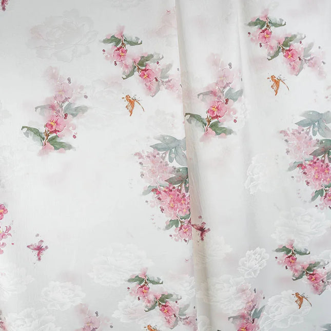 Blush Pink Peony Jacquard Print Fabric Oriental Breathable Lightweight for Qipao Dresses Blouses Spring Summer Apparel Material