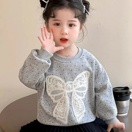 Toddler Baby Girl Big Lace Bow Sweatshirt Casual Infant Cotton Loose Dot Pullover Children Round Neck Long Sleeve Top Clothes