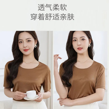 Summer High-End Women's Short Sleeve T-Shirt Acetate Fabric Knitted European Style Thin Hot Selling Top for Ladies