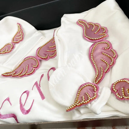 Personalized Name Baby Coming Home Outfit Angle Wing Infant Cotton Romper Onesie Blanket Pregnancy Embroidery Laurel Tree Gift