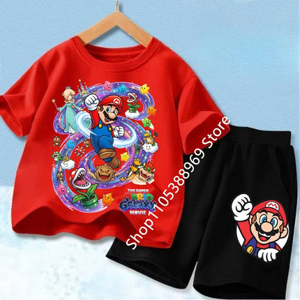 High Quality Kids 2Pcs Set Marios Cartoon Short Sleeve T-Shirt + Elastic Waist Shorts Comfortable Summer Children Clothing Suits