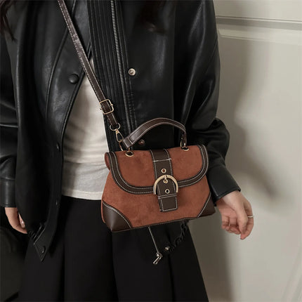 Elegant Shoulder Bag Metal Buckle Suede Leather Mix Maillard Tones Flap Magnetic Snap Multifunction Crossbody Bag for Commute