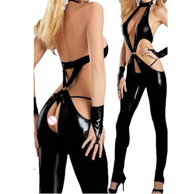 Women's Sexy Hollow Out Crotchless Faux Leather Jumpsuit Erotic Lingerie Bodysuit Sexy Open Cup Breast Exposing PVC Latex Catsuit