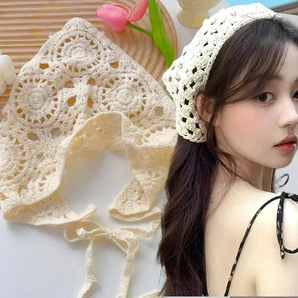Bohemian White Cotton Lace Triangle Hair Scarf for Women Knitted Flower Hollow Out Headband Wraps Hair Waist Decoration Outfits