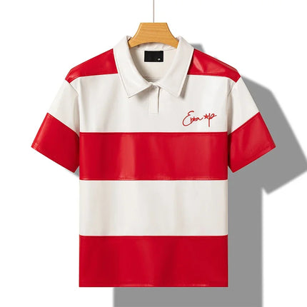Splice Color Stripe Pu Leather Lapel Collar T Shirt Black Purple Red Polo Shirt Men Women High Quality Casual Short Sleeve Tops