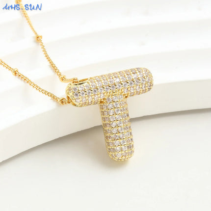 SUNSLL Cubic Zircon A-Z 26 Bubble Letter Necklace 2 Sizes Gold Plated M Chunky Balloon Initials Pendant Women Chain Jewelry 2024
