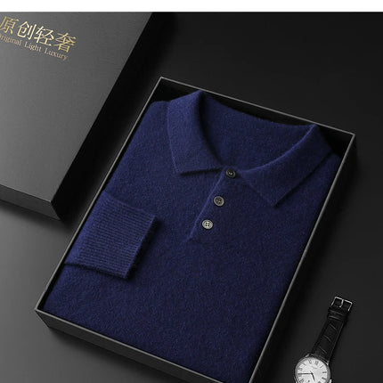 Men's POLO Collar Knitted Pullover Sweater 100% Cashmere Long Sleeved Shirt Casual Business Solid Color Men's Tops Autumn Winter