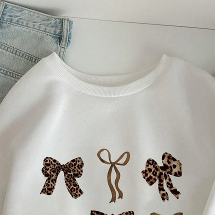 Retro Leopard Print Bow Printed Women Hoodies All-Match Fleece Casual Clothes Street Pullover Winter Autumn Woman Clothing