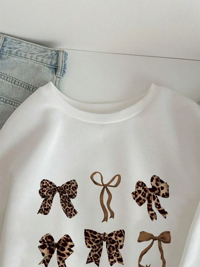 Retro Leopard Print Bow Printed Women Hoodies All-Match Fleece Casual Clothes Street Pullover Winter Autumn Woman Clothing