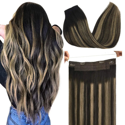 Sunmofavo Invisible Wire Remy Human Hair Extensions Brown Ombre Straight Seamless Fish Line Daily Wear Volume Boost Soft Silky