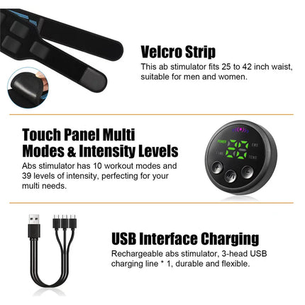 Smart EMS Ab Stimulation Belt - Rechargeable Muscle Toner for Home Gym Fitness & Body Contouring