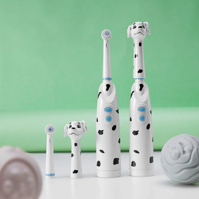 Kids' electric toothbrush, battery-powered, baby spotted dog design, with dust cover, cartoon cat/lion, round head.