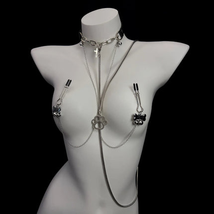 Women's Erotic Collar with Chain and Nipple Clamps Unisex Metal Bell Clamp BDSM Training Toy Body Jewelry Adult Sex Toy 18+