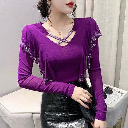 2025 Autumn New Style Mesh Tops Korean Fashion Round Neck Ruffles Shirt Lotus Leaf Edge Hot Diamond Long Sleeve Women T-Shirt