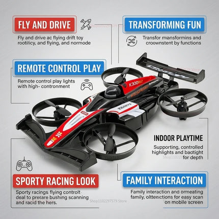 RC UAV Flying Drift Cars 2-in-1 Quadcopter and Mini Racing Car for Boys Kids Electric Deformable Toy Gift for Air and Ground Pla
