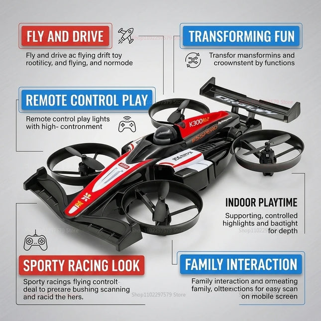 RC UAV Flying Drift Cars 2-in-1 Quadcopter and Mini Racing Car for Boys Kids Electric Deformable Toy Gift for Air and Ground Pla