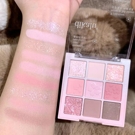 Romantic Pink Flower 9-Colors Glitter Eyeshadow Matte Shimmer Pink Brown Shiny Eye Shadow Girl Makeup Palette Lasting Cosmetic