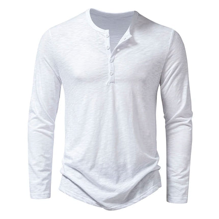 New Men's Cotton Henley T Shirt Long Sleeve T-Shirts Basic Casual Button Collar Breathable Daily Top Tees