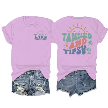 Summer Beach Series T-shirts For Women Men "Tanned And Tipsy" Vacation Trip Tshirt Crewneck Short Sleeve Casual Camisetas Mujer