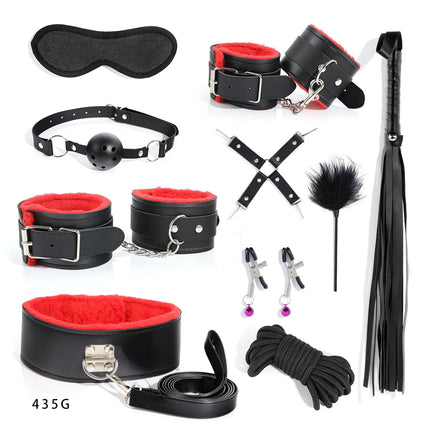 BDSM Bondage Bundle Set Leather Plush Blindfold Handcuffs Whip Nipple Clip Adult Sex Toys Women Erotic Restraint Game Kit